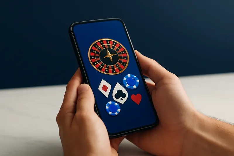 Close-up of hands holding smartphone with casino app on marble surface