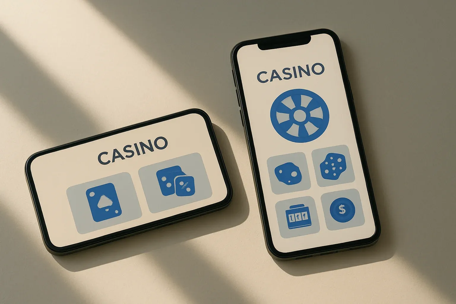 Two smartphones displaying a clean casino app on white surface