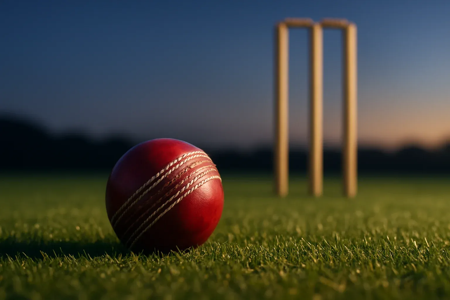 Red cricket ball on mown grass with stumps at dusk