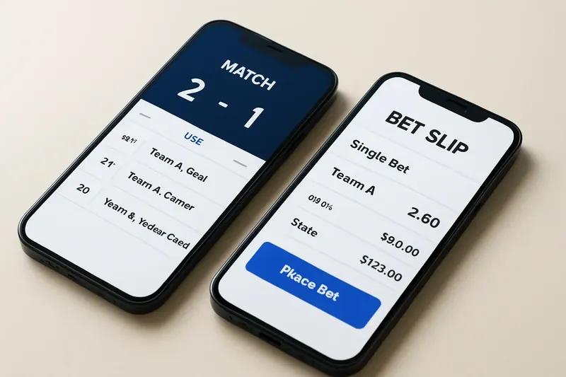 Two smartphones showing match dashboard and bet slip on cream surface