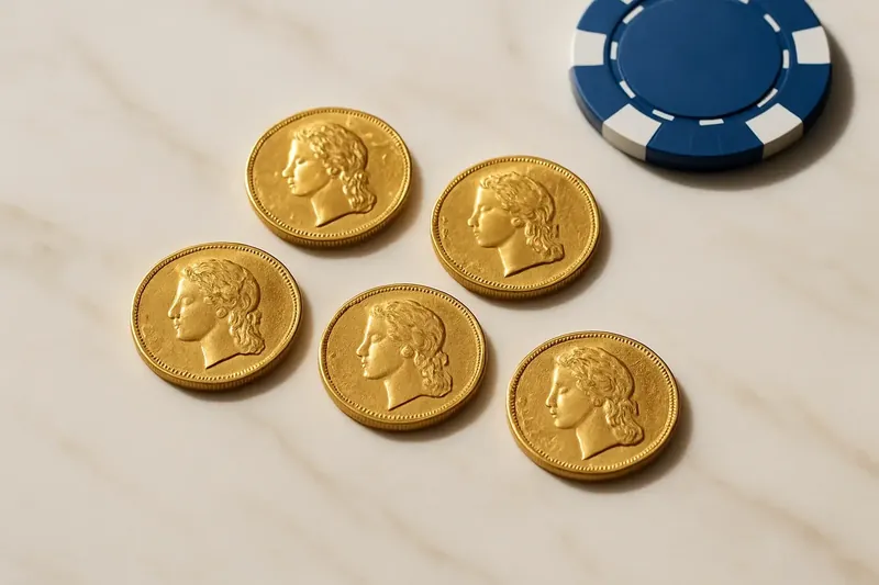 Five gold coins on cream marble with poker chip edge