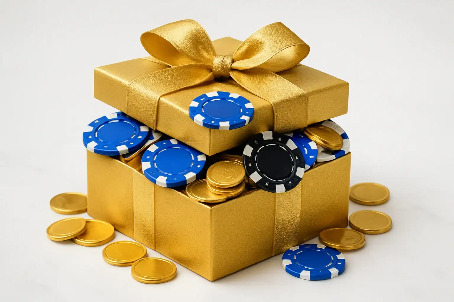 Golden gift box overflowing with poker chips and gold coins