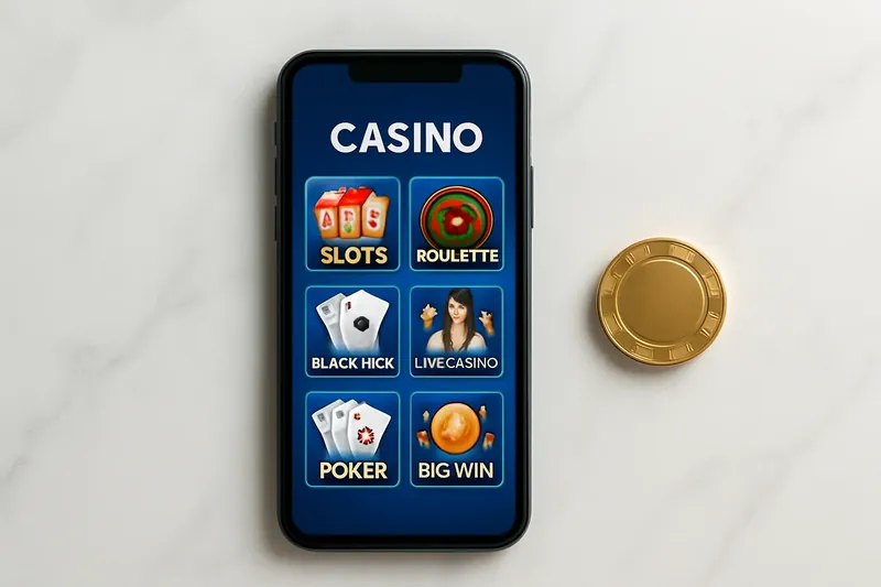 Smartphone on white marble showing colorful casino game lobby