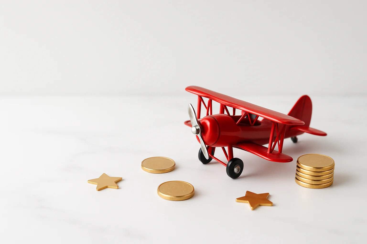 Miniature red airplane with gold coins and star tokens on marble
