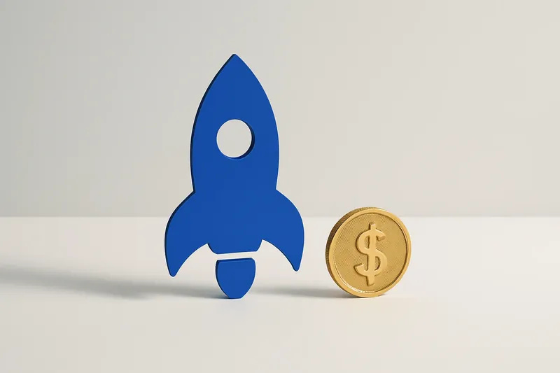 Minimalist rocket icon with gold coin on white background