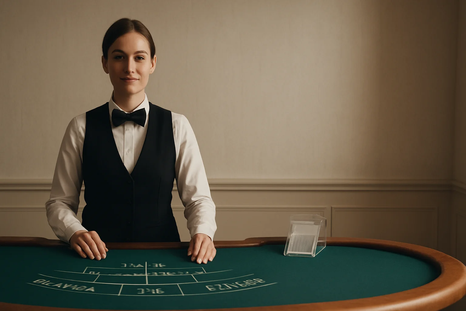 Professional female dealer at elegant live baccarat table in casino