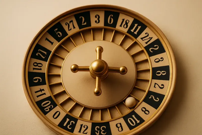 Close-up overhead of roulette wheel center with gold accents