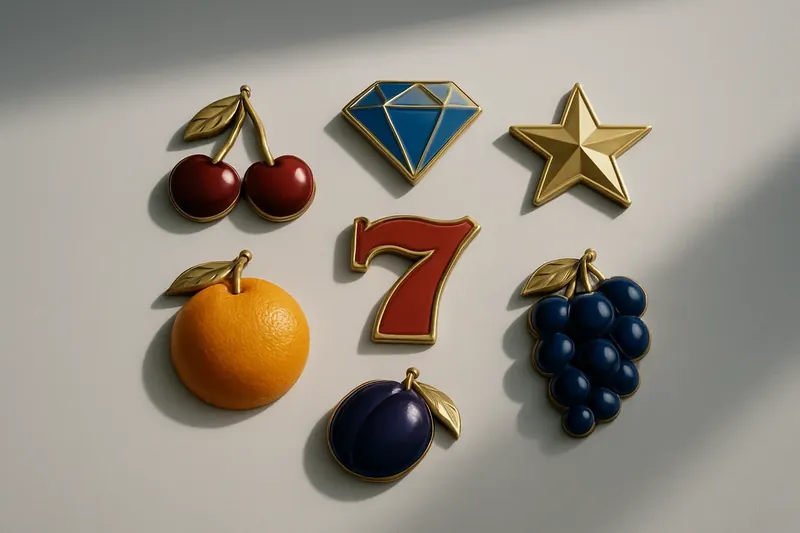 Assorted casino slot icons with fruit, diamonds, lucky sevens, and stars