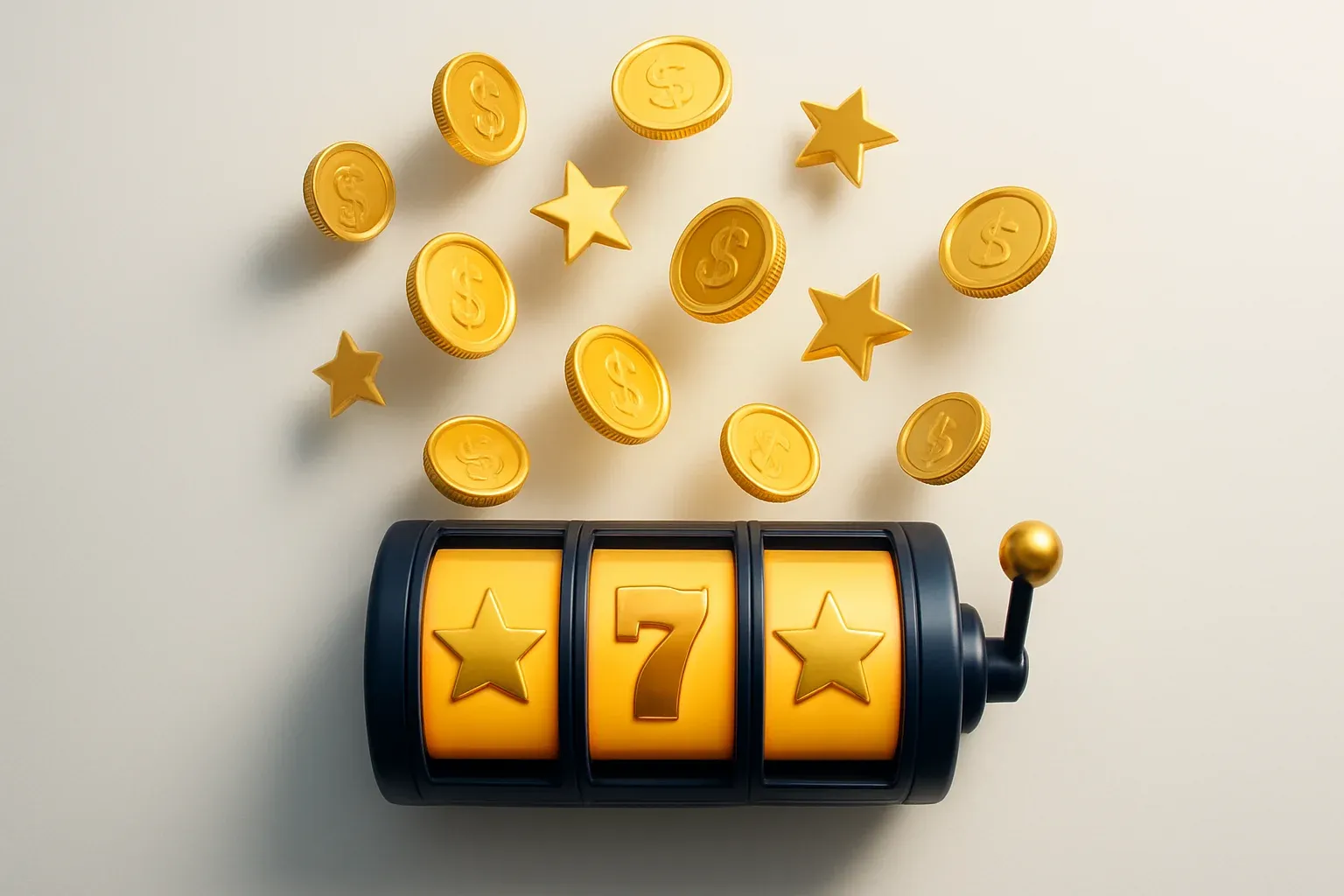Slot machine jackpot with floating coins and stars on white background